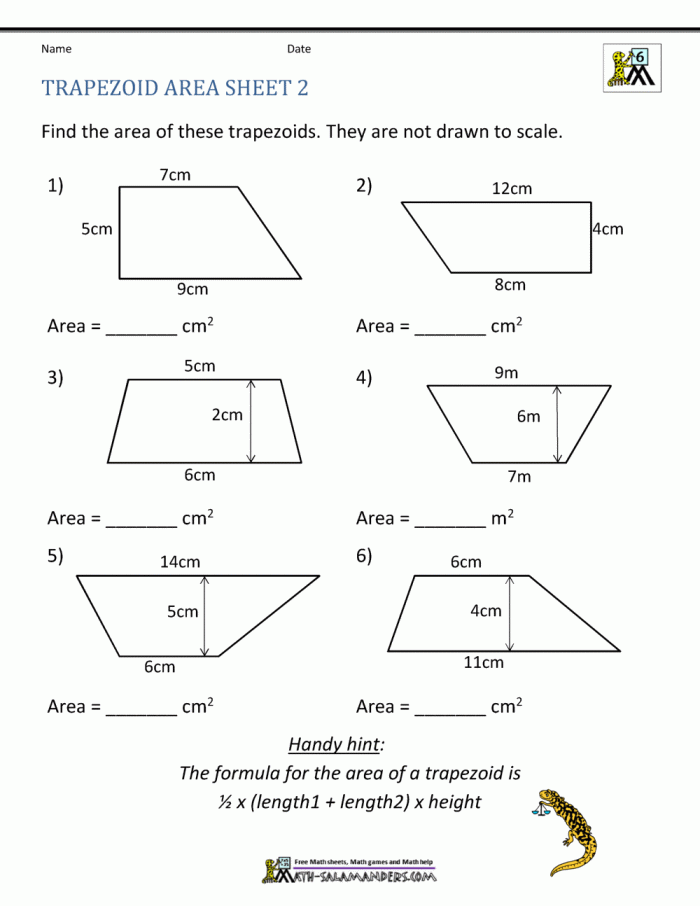 Sixth grade math students practicing geometry with an area of trapezoids worksheet