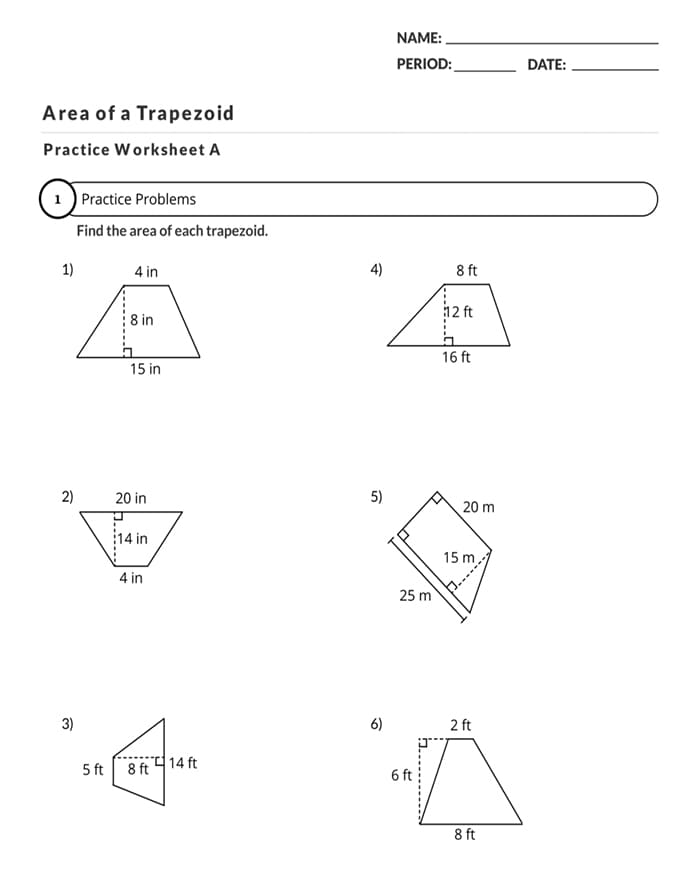 Sixth grade student solving area of trapezoid problems on a math practice worksheet with measurements labeled