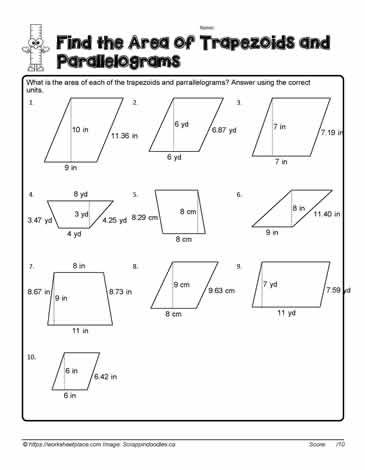 Worksheet featuring the area of trapezoids for sixth-grade students