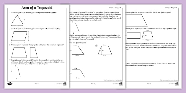 Sixth grade students practicing geometry by solving for the area of trapezoids on a printable worksheet