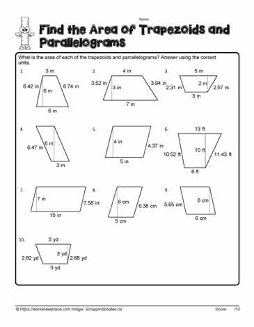 Sixth grade student solving trapezoid area problems on a practice worksheet with measurements labeled
