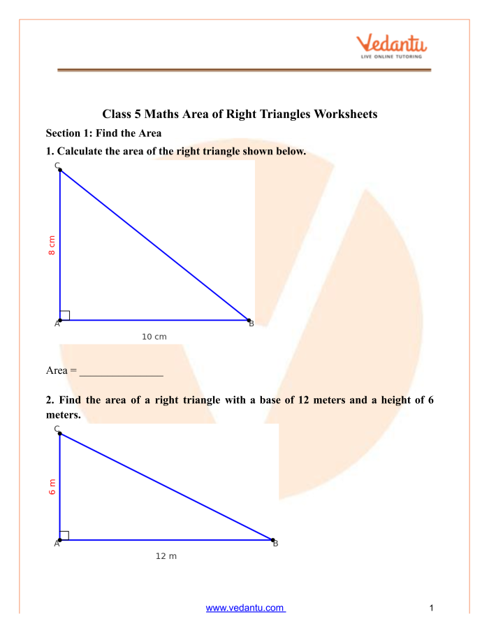 Worksheet focusing on finding the area of a triangle for sixth-grade students