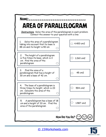 Sixth grade math worksheet for calculating the area of parallelograms
