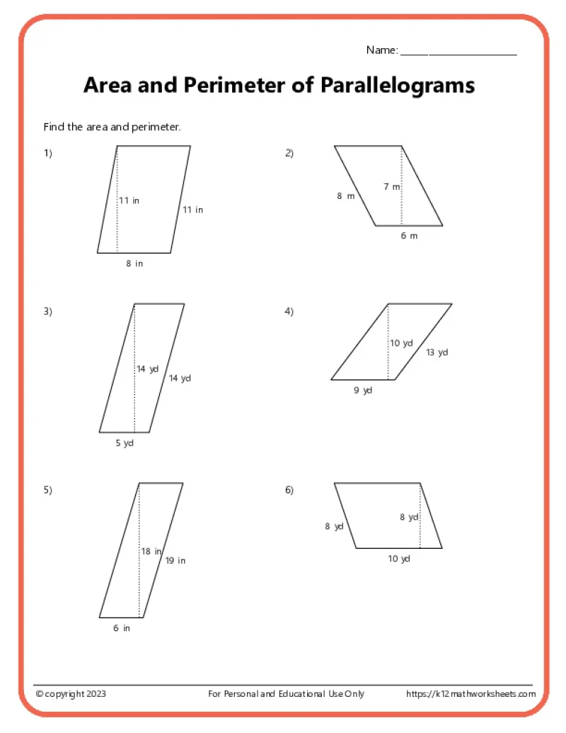 Sixth grade math worksheet for calculating the area of parallelograms using geometry formulas