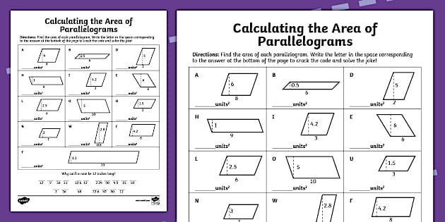 Area of Parallelograms worksheet for sixth graders practicing area calculations
