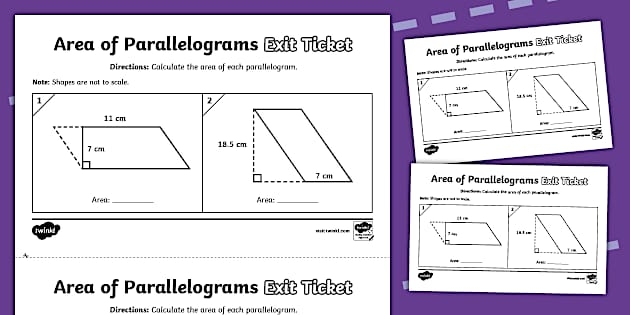 Worksheet for calculating the area of parallelograms in a sixth-grade geometry lesson