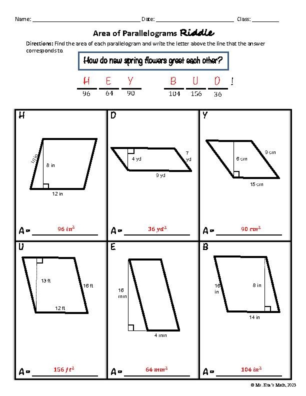 Sixth grade geometry worksheet featuring multiple parallelogram shapes to calculate area