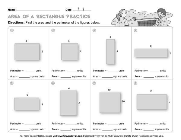 Fourth grade students practicing area and perimeter of a rectangle math worksheet