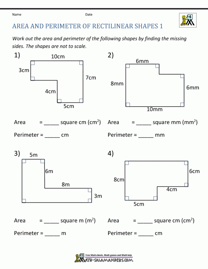 Worksheet for fourth graders on calculating the area and perimeter of rectangles