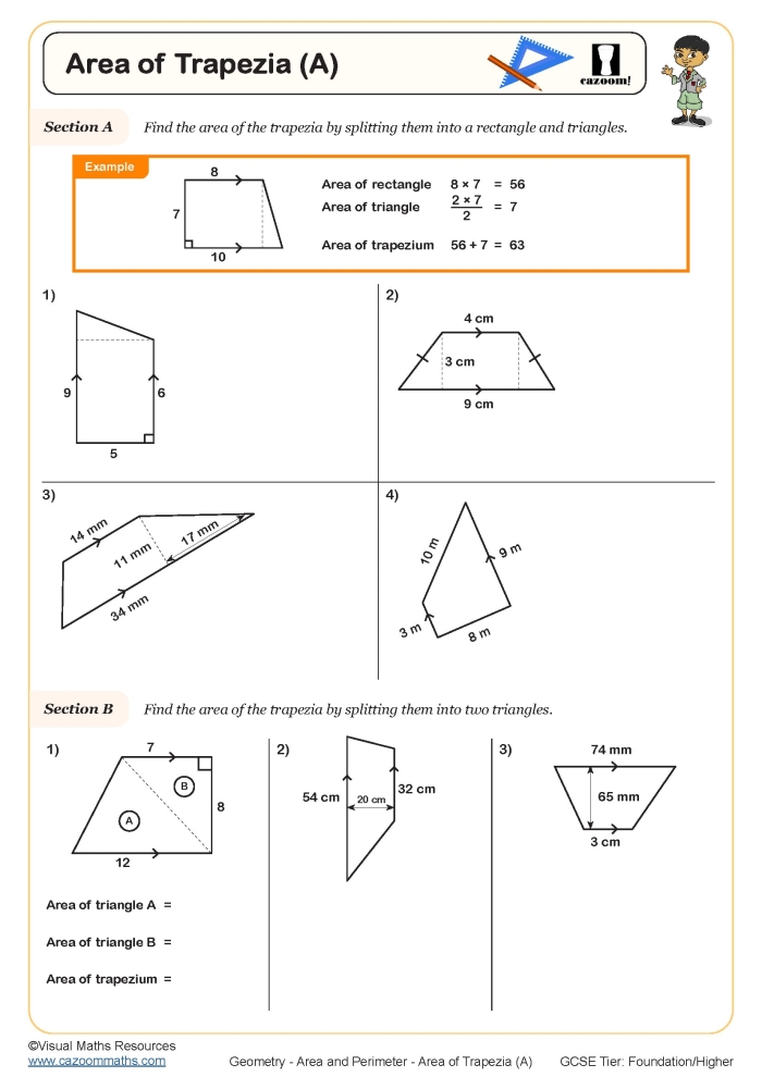 Sixth grade student solving trapezoid area problems on a practice worksheet with formulas and measurements shown