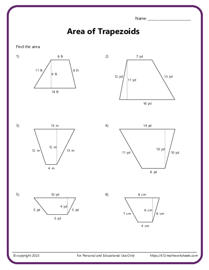 Sixth grade math students practicing geometry with an area of trapezoids worksheet