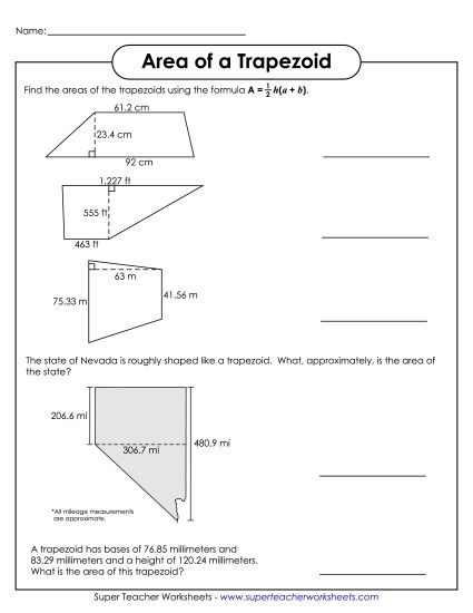 Sixth grade student completing an area of trapezoids practice worksheet