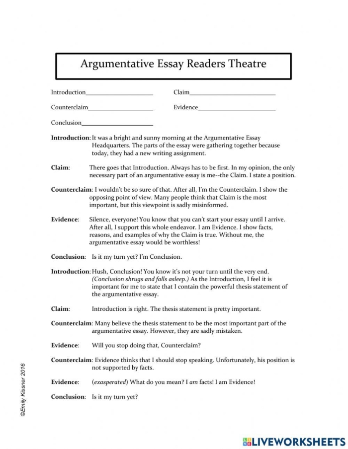 Argument Writing worksheet highlighting the five essential components of an argument for fourth graders