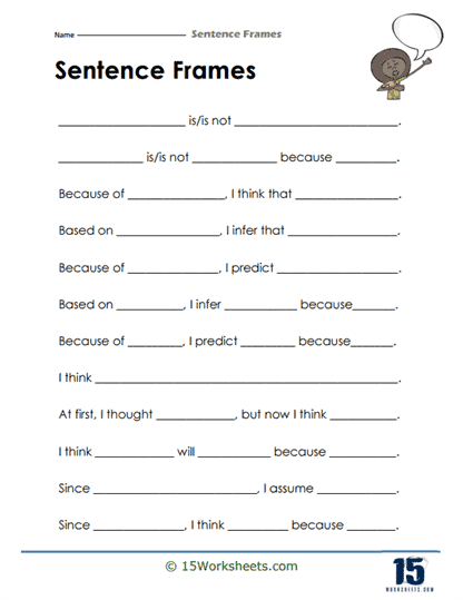 A fourth grade student worksheet showing sentence frame examples for building stronger arguments in writing with connecting words and phrases highlighted in blue