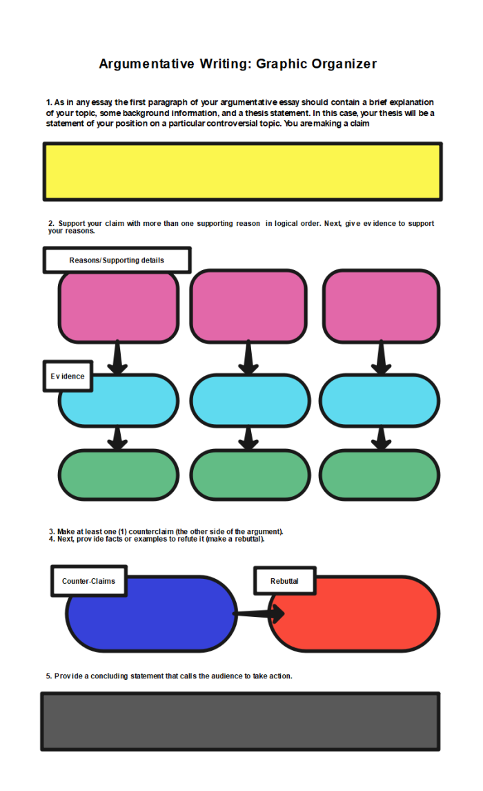 Argument Writing Graphic Organizer worksheet for sixth graders focusing on persuasive skills