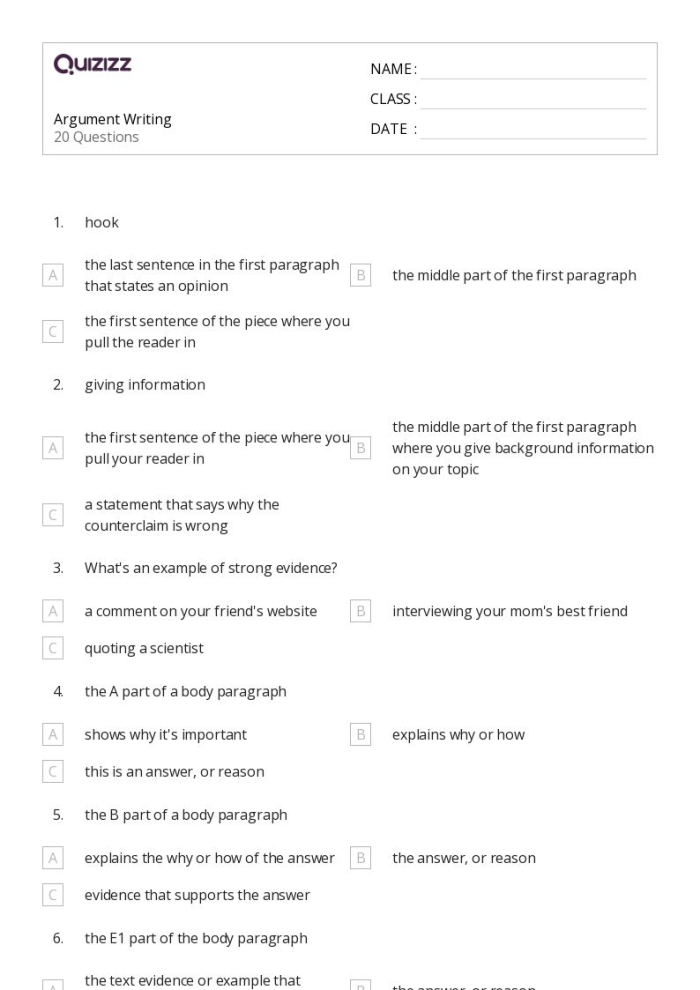 Argument Writing Graphic Organizer worksheet designed for sixth graders to improve their writing skills