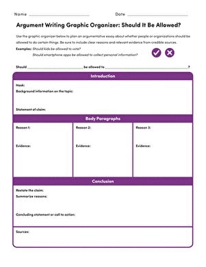 Argument Writing Graphic Organizer: Should It Be Allowed? worksheet for developing critical thinking skills Graphic organizer for sixth graders planning an argumentative essay on restrictions for people and organizations