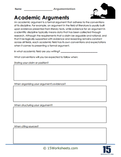Worksheet for Argument Writing: Pre-Writing Organizer focusing on essential elements of a strong argument for fourth graders. Visual guide illustrating five components of an effective argument, including counter-arguments.