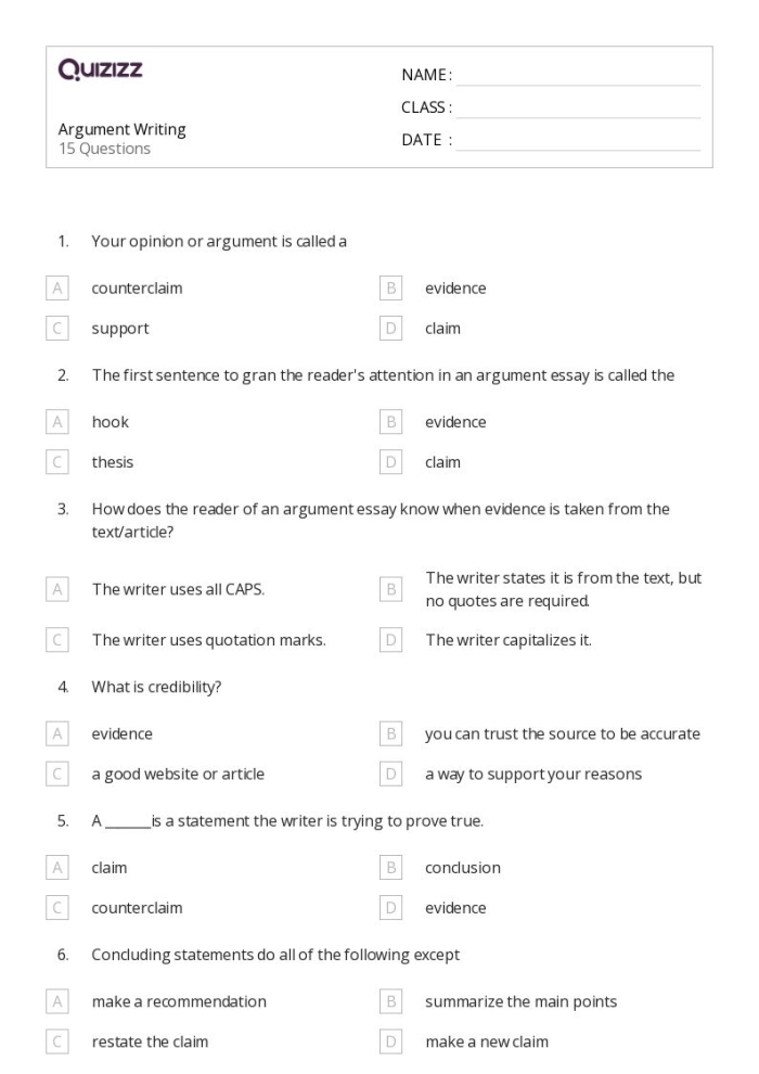 Sixth grade writing worksheet focused on identifying and removing irrelevant evidence from argumentative essays