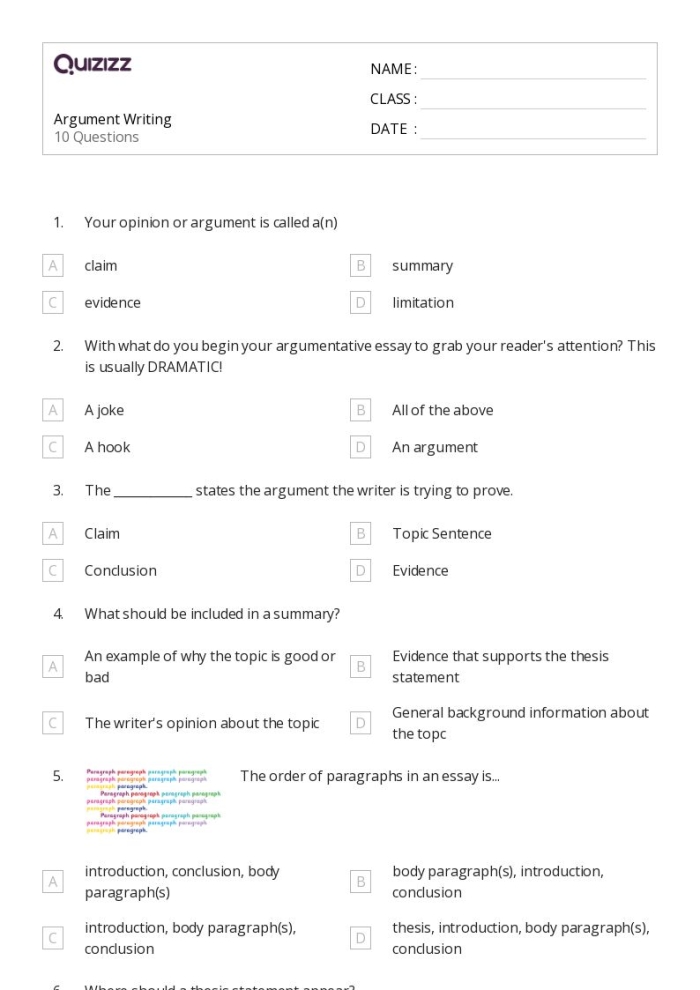 Argument writing rubric for sixth grade, detailing Common Core standards for introduction, support, transitions, style, and conclusion.