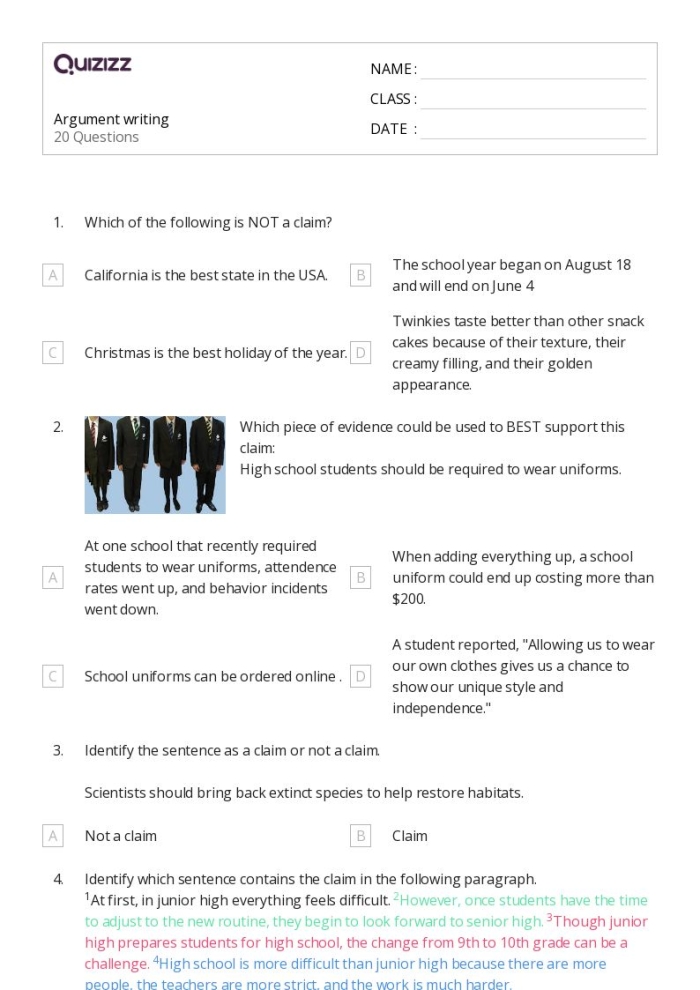 Argument writing rubric worksheet for 6th grade covering Common Core standards