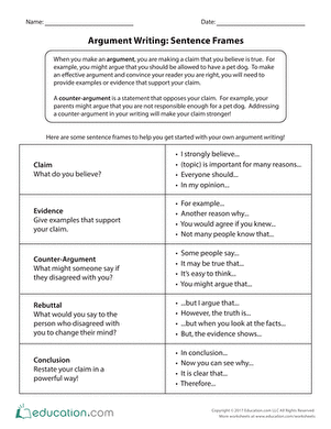 Fourth grade life science argument writing sentence frames worksheet with word choices and phrases for stronger arguments