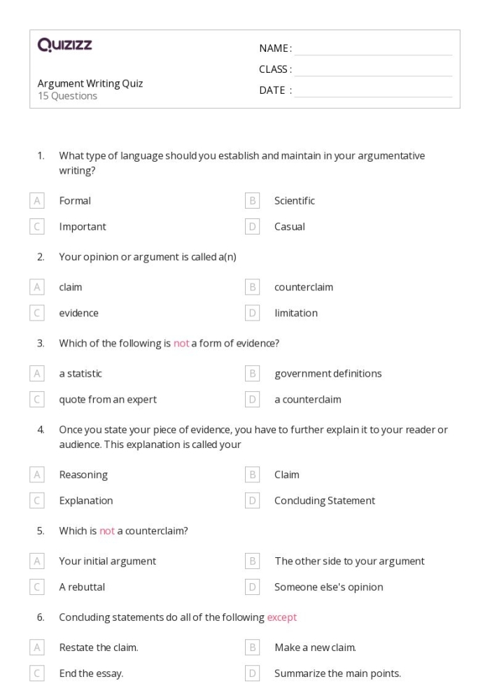 Worksheet illustrating the five components of an effective argument for fourth graders