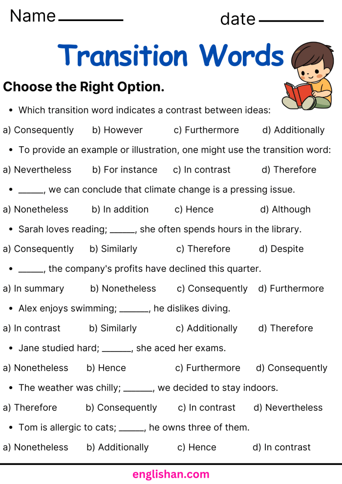 Transition Words in Argument Writing worksheet for sixth graders focusing on improving language skills