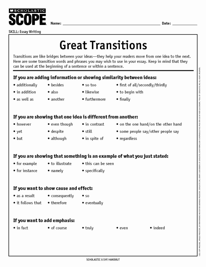 Sixth grade student practicing transition words in argument writing on a printable worksheet