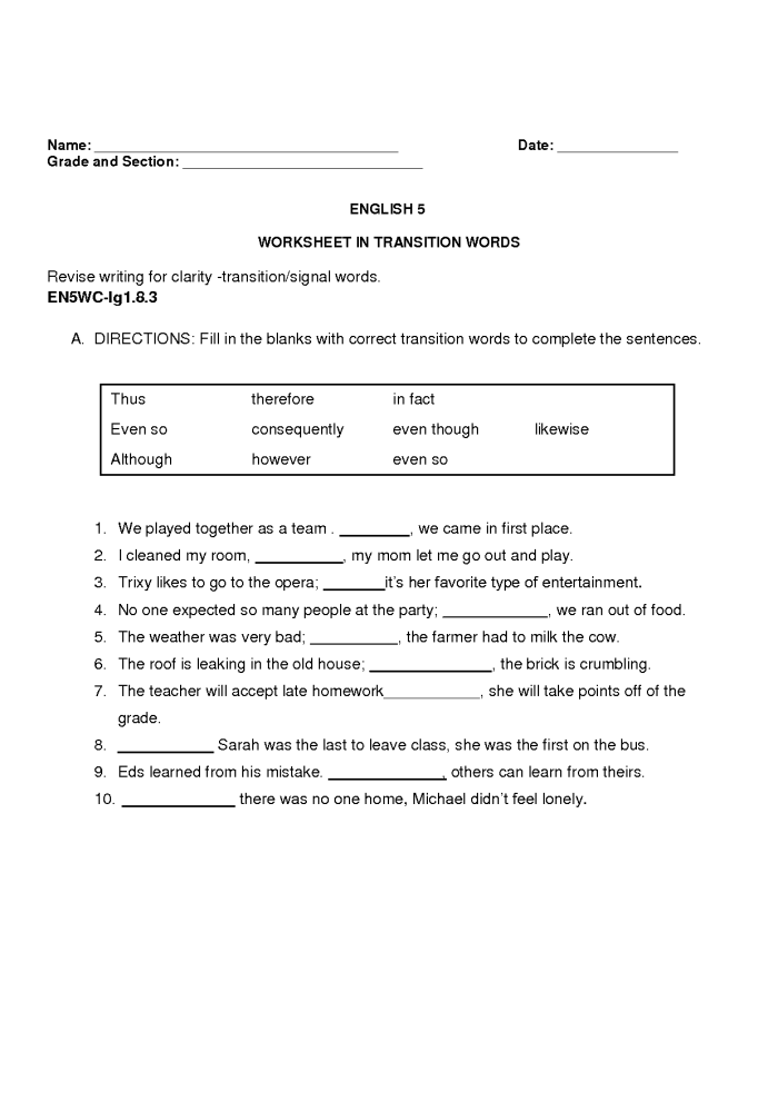 Sixth grade student completing a transition words in argument writing worksheet to improve sentence flow