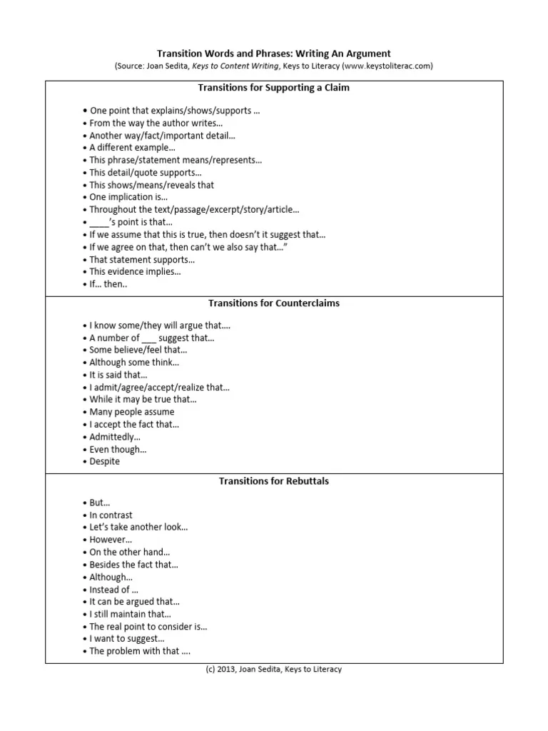 Sixth grade student completing a transition words in argument writing worksheet