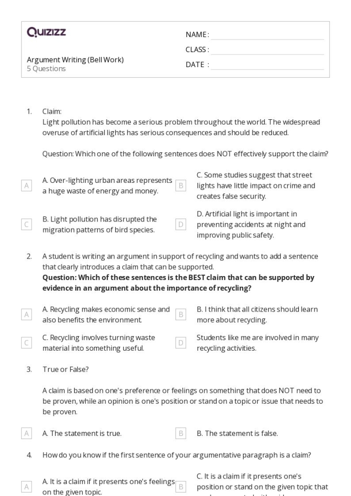 Argument Writing worksheet highlighting the five essential components of a strong argument for fourth graders. Educational resource for teaching the parts of an argument effectively.