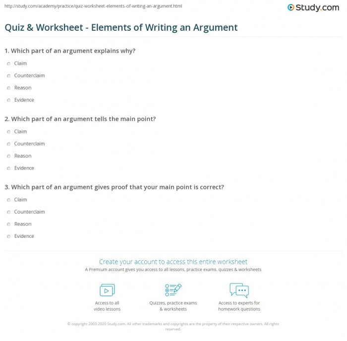 Argument Writing worksheet highlighting the five essential components of an effective argument for fourth graders. Educational resource for teaching grammar and mechanics in argument writing.