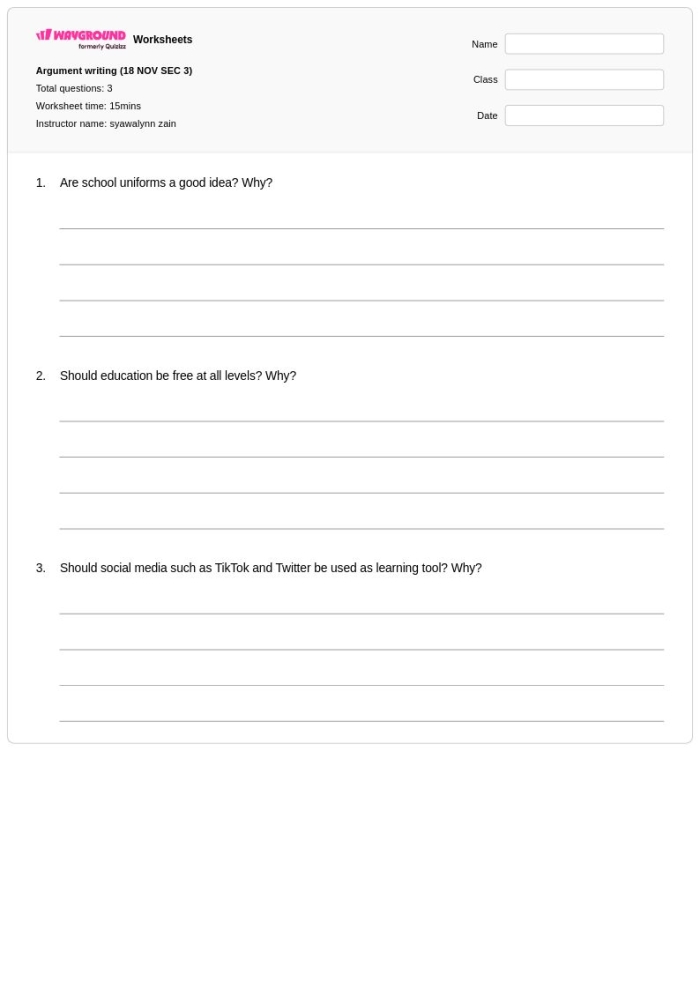 Worksheet illustrating the five essential components of an argument for fourth graders