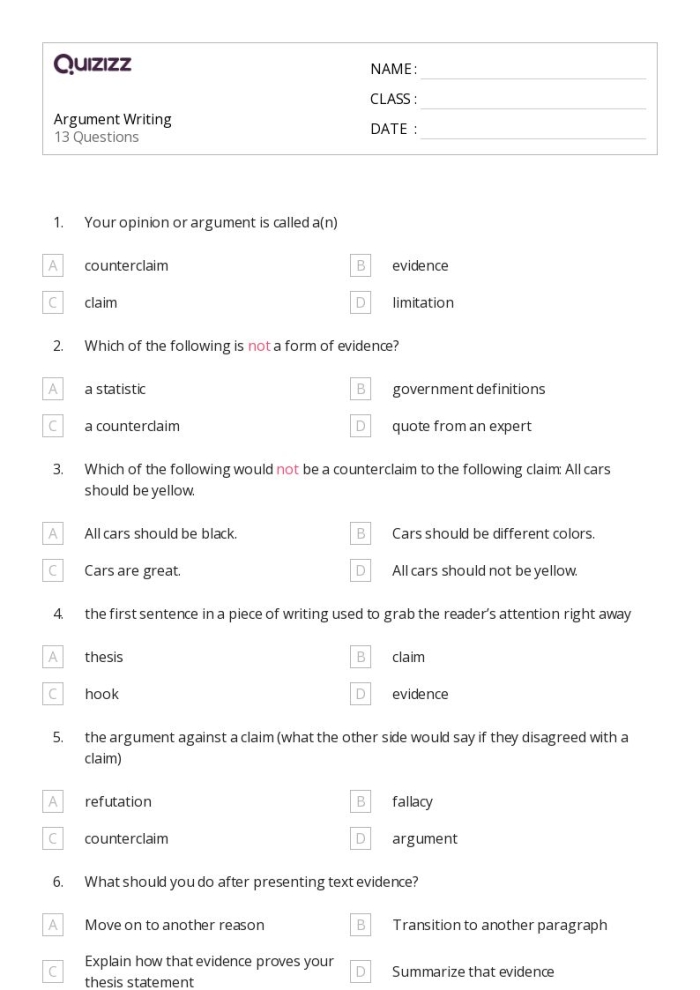 Argument Writing worksheet highlighting the five essential components of a strong argument for fourth graders. Educational resource for teaching grammar and mechanics in argument writing.