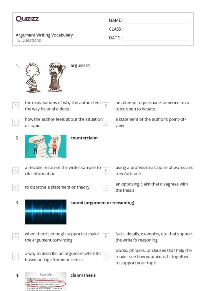 Argument Writing worksheet highlighting the five essential components of an effective argument for fourth graders. Educational resource for teaching grammar and mechanics in argument writing.