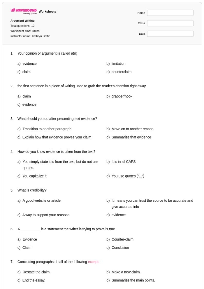 Worksheet illustrating the five components of an effective argument for fourth graders