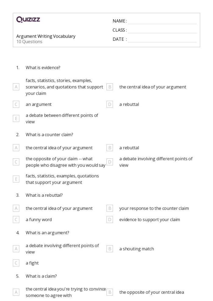 Worksheet illustrating the five components of a strong argument for fourth graders