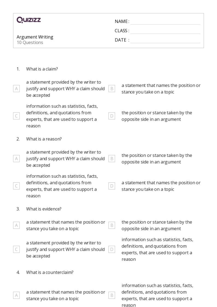 Worksheet illustrating the five essential components of an argument for fourth graders