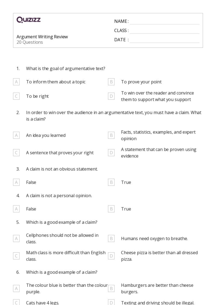 Illustration of a worksheet outlining the five components of an effective argument for fourth graders
