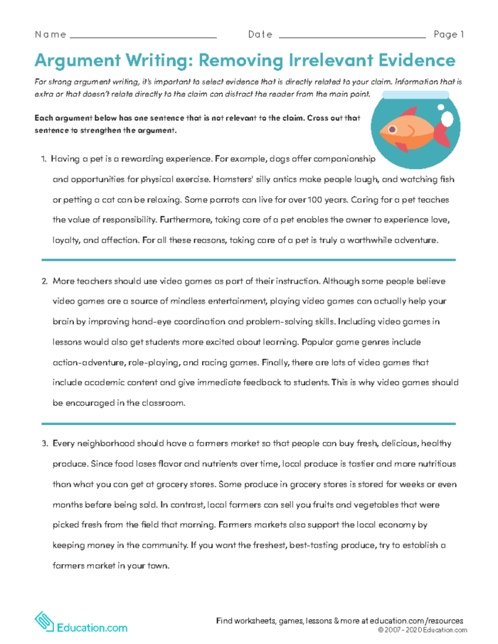 Worksheet designed for sixth graders to enhance argument writing by eliminating irrelevant evidence