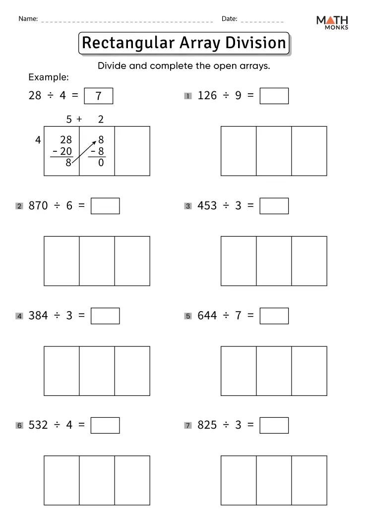 Third grade math student completing an arrays for division worksheet by drawing shapes and calculating quotients