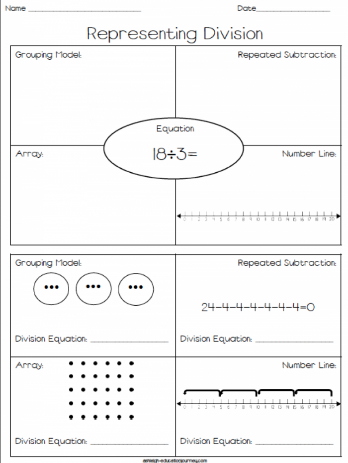 Third grade student worksheet page showing math problems where arrays are drawn to solve division equations