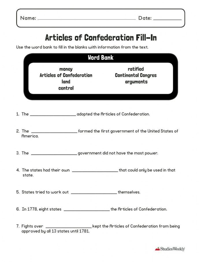 Visual guide to understanding the shortcomings of the Articles of Confederation in a two-page format Detailed worksheet on the Articles of Confederation for sixth graders exploring its impact and structure