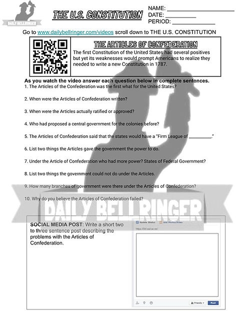 Educational resource for sixth graders on the limitations of the Articles of Confederation Worksheet exploring the Articles of Confederation and their impact on early American governance