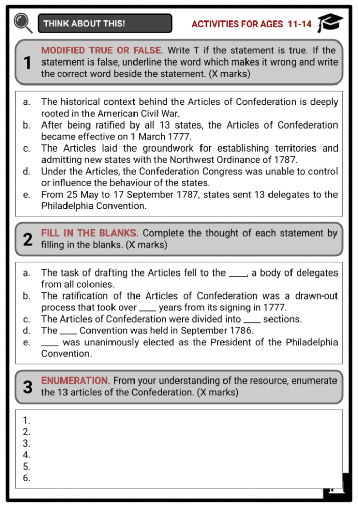 Educational resource image for the Articles of Confederation: Why Weren’t They Enough? worksheet Worksheet on the Articles of Confederation discussing their limitations and outcomes for sixth graders