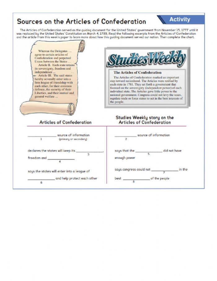Educational resource titled "Articles of Confederation: Why Weren’t They Enough?" worksheet Worksheet exploring the Articles of Confederation and their limitations for sixth graders