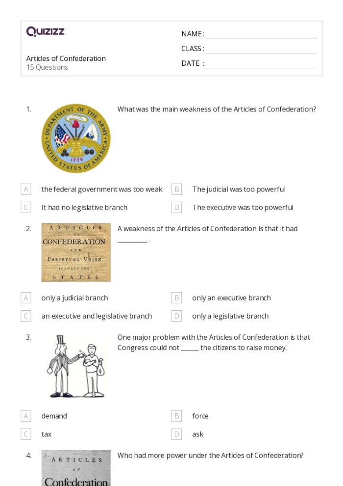 Educational resource for understanding the shortcomings of the Articles of Confederation Worksheet exploring the Articles of Confederation and their implications for sixth graders