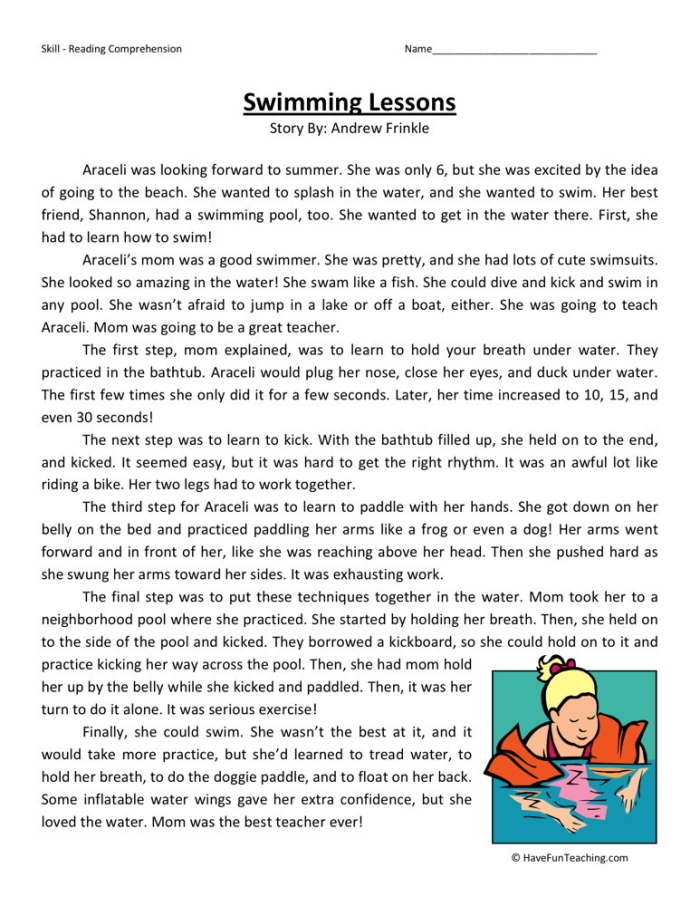 Artistic swimming informational reading comprehension worksheet for seventh grade students