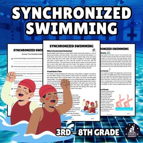 Seventh grade artistic swimming reading comprehension worksheet showing a swimmer performing underwater